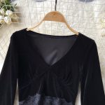 Lace-Black-Sexy-T-Shirts-for-Women-V-Neck-Long-Sleeve-Flare-Sleeve-Slim-Chic-